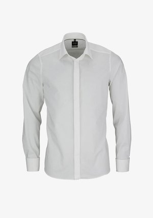 White long-sleeve shirt made of smooth fabric, featuring a pointed collar, full-length button placket, and buttoned cuffs.