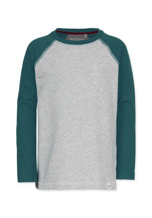 Langarm-T-Shirt mit grauem Oberkörper und türkisfarbenen Raglanärmeln. Hergestellt aus weichem Stoff, verfügt es über einen Rundhalsausschnitt und ein kleines Logotag am Saum.