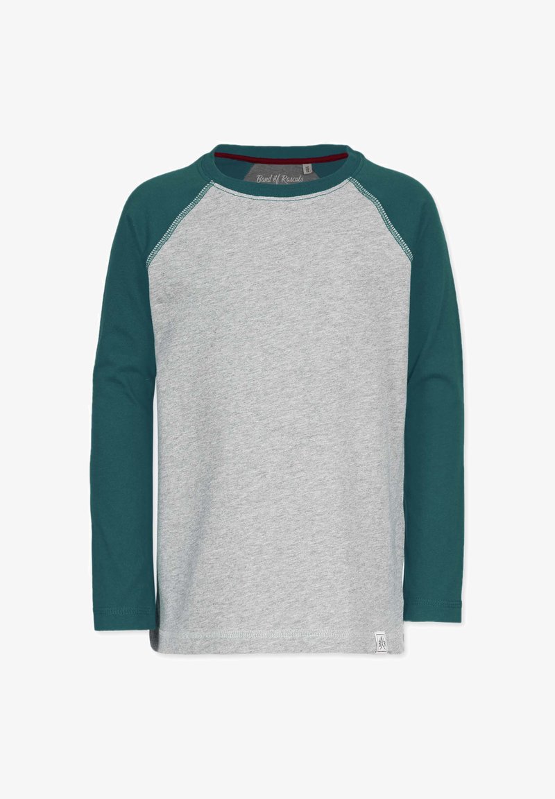 Langærmet T-shirt med grå krop og teal raglanærmer. Fremstillet af blødt stof, har en rund halsudskæring og et lille logo label på kanten.