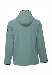 Lichtblauwe fleece hoodie met een capuchon, lange mouwen, zwarte accenten op de manchetten en een logo patch op de linker mouw.