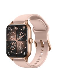 Smartwatch fitness in oro rosa con schermo rettangolare, display nero e cinturino in silicone rosa; presenta icone per metriche di salute e monitoraggio delle attività.