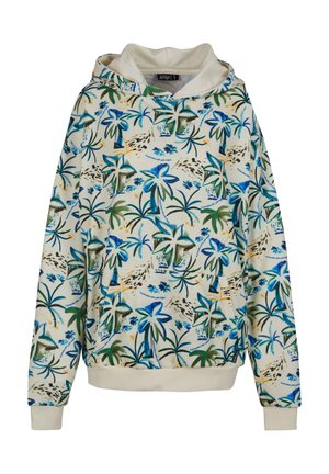 Hooded sweatshirt in cream with a colorful tropical foliage print. Features a front pocket, ribbed cuffs, and hem for a snug fit.
