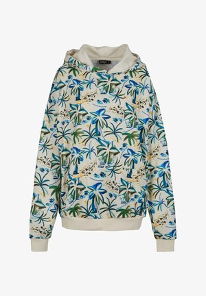 Kaptur na bluzie w kolorze kremowym z kolorowym nadrukiem tropikalnej roślinności. Posiada kieszeń z przodu, ściągacze przy mankietach i hemie dla dopasowanego fasonu.