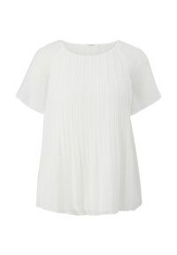 Chemisier blanc à manches courtes avec un design à plis à l'avant, en tissu léger et doux, col rond et ourlet légèrement évasé pour faciliter le mouvement.