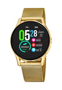 Montre intelligente dorée avec un affichage rond noir. Les fonctionnalités incluent le comptage des pas, la fréquence cardiaque, les calories et les métriques de distance. Design de bracelet en maille.
