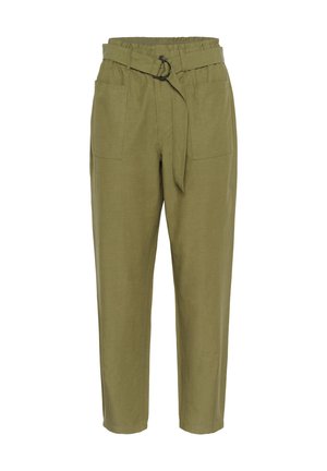 Pantalon taille haute vert olive avec poches plaquées à l'avant et ceinture assortie en tissu avec boucle métallique ronde.