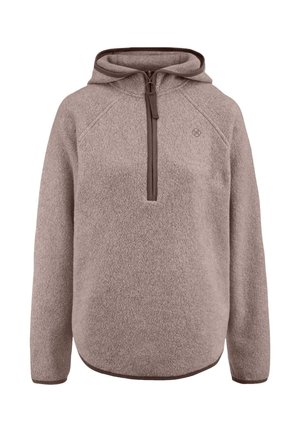 Fleece-Pullover in einem sanften Beigeton mit einem halben Reißverschluss-Kragen, Raglanärmeln und dunkelbraunen Akzenten entlang der Reißverschlüsse und des Saums.