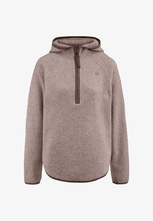 Fleece-Pullover in einem sanften Beigeton mit einem halben Reißverschluss-Kragen, Raglanärmeln und dunkelbraunen Akzenten entlang der Reißverschlüsse und des Saums.