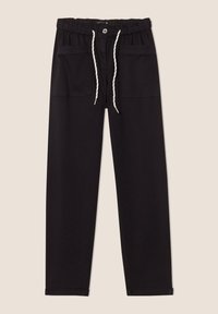 Schwarze Hose mit einem elastischen Bund, Kordelzug und zwei Fronttaschen. Hergestellt aus Baumwollstoff, mit einem lockeren Schnitt und geraden Beinen.