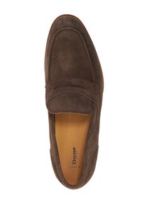 Brown suede loafer with a rounded toe, stitched accents, and a soft texture. Features a tan insole with branding.