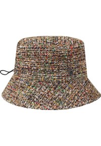 Een bucket hat gemaakt van veelkleurige tweedstof met een gestructureerde afwerking. Bevat een brede rand en een verstelbaar trekkoord aan de zijkant.