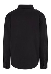 Black long-sleeve shirt with a classic collar, buttoned cuffs, and a solid color design. Smooth texture and tailored fit.
