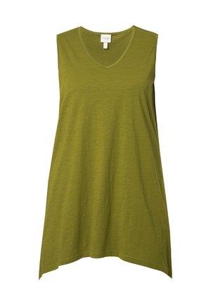 Ärmelloses olivgrünes Top mit V-Ausschnitt, lockerer Passform und abgerundetem Saum. Hergestellt aus leichtem Material mit einer weichen Textur.