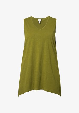 Mouwloze olijfgroene top met een V-hals, losse pasvorm en een afgeronde zoom. Gemaakt van lichte stof met een zachte textuur.