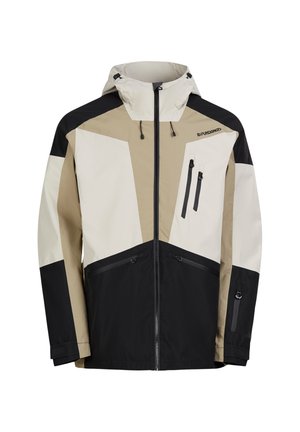 Farbenfrohe wasserdichte Jacke in Beige, Schwarz und Creme. Mit Kapuze, Reißverschluss vorne und mehreren Reißverschlusstaschen. Leichtes Material.