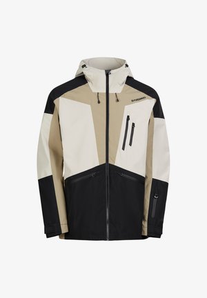 Farbenfrohe wasserdichte Jacke in Beige, Schwarz und Creme. Mit Kapuze, Reißverschluss vorne und mehreren Reißverschlusstaschen. Leichtes Material.