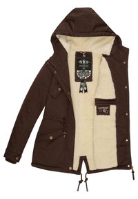 Brown parka jacket with an inner fleece lining, drawstring waist, hood, and metal hardware accents. Features brand labels on the inside.