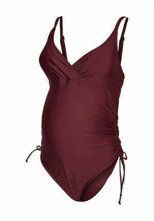 Tume burgundia värvi üheosaline rasedusujumisrõivas, millel on reguleeritavad õlapaelad ja külgedel paelaga kokkupõimitud detailid.