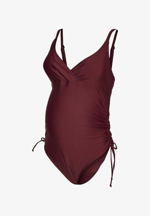 Maillot de bain de maternité une pièce en bordeaux foncé avec bretelles réglables et fronces latérales avec liens.