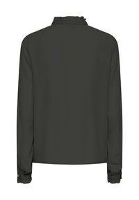 Dunkelgrau Bluse mit langen Ärmeln, Rüschensaum und gerafften Manschetten. Aus glattem Stoff gefertigt, mit einem einfachen, schlichten Design.