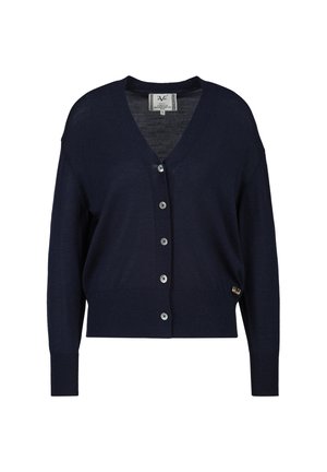 Cardigan bleu marine à col en V avec manches longues, poignets et ourlet côtelés, et cinq boutons devant.
