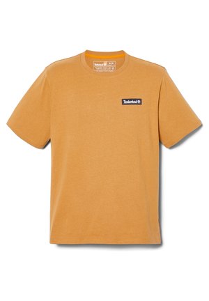 T-shirt orange Timberland homme à manches courtes avec col rond et petit logo Timberland noir sur le côté gauche de la poitrine.