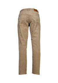 Jasnobrązowe spodnie z kordurowego materiału o prostym kroju, z dwiema tylnymi kieszeniami i skórzaną naszywką na pasku.