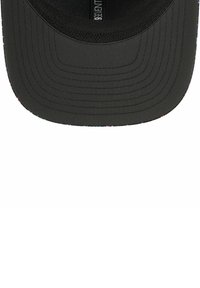 Black flat-brimmed cap with a smooth texture, featuring a multicolored speckled pattern along the edge of the brim.