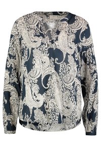 Blusa a maniche lunghe di colore blu navy con motivo floreale paisley bianco, scollatura a V e vestibilità ampia.