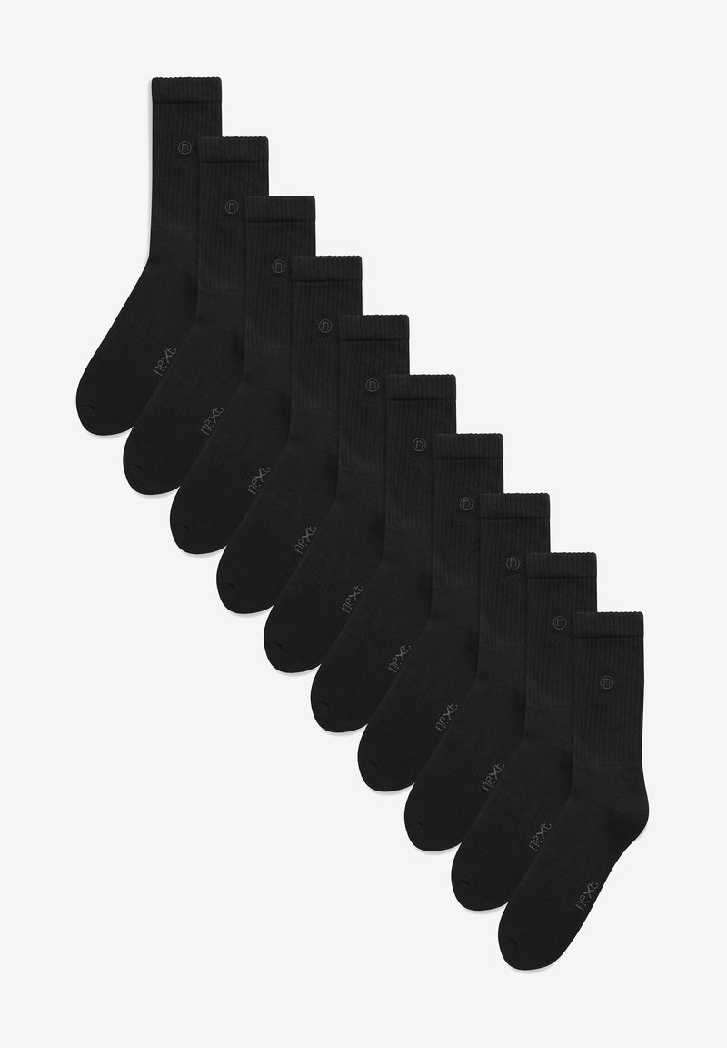 Paires de chaussettes en coton noir, design côtelé, longueur mi-mollet, arborant un petit logo sur le côté, disposées en une rangée avec un total de douze paires.