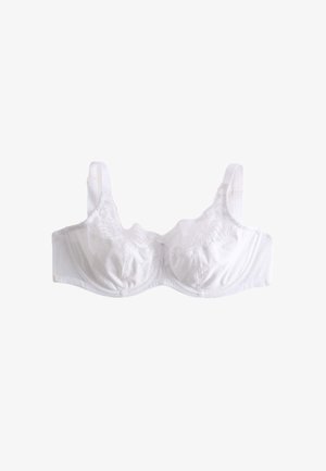 Soutien-gorge blanc avec des détails en dentelle, des bonnets avec armatures, des bretelles ajustables et une texture lisse. Présente un motif à pois sur le tissu.
