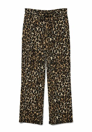 Pleķainās leopardu bikses ar plaša kāju dizainu, izgatavotas no mīkstas materiāla, ar saiti viduklī un kontrastējošu melnu un brūnu rakstu.