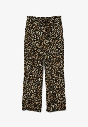 Leopardi mustriga püksid laia säärega, valmistatud pehmest materjalist, millel on sidumisvöö ja kontrastne must ja tan muster.