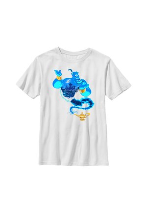 Hvid T-shirt med en blå animeret ånd, der kommer ud af en gylden magisk lampe, som viser en bysilhuet inde i åndens krop.