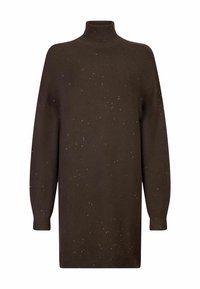 Robe pull longue marron foncé en maille avec col roulé et motif discret à pois blancs.