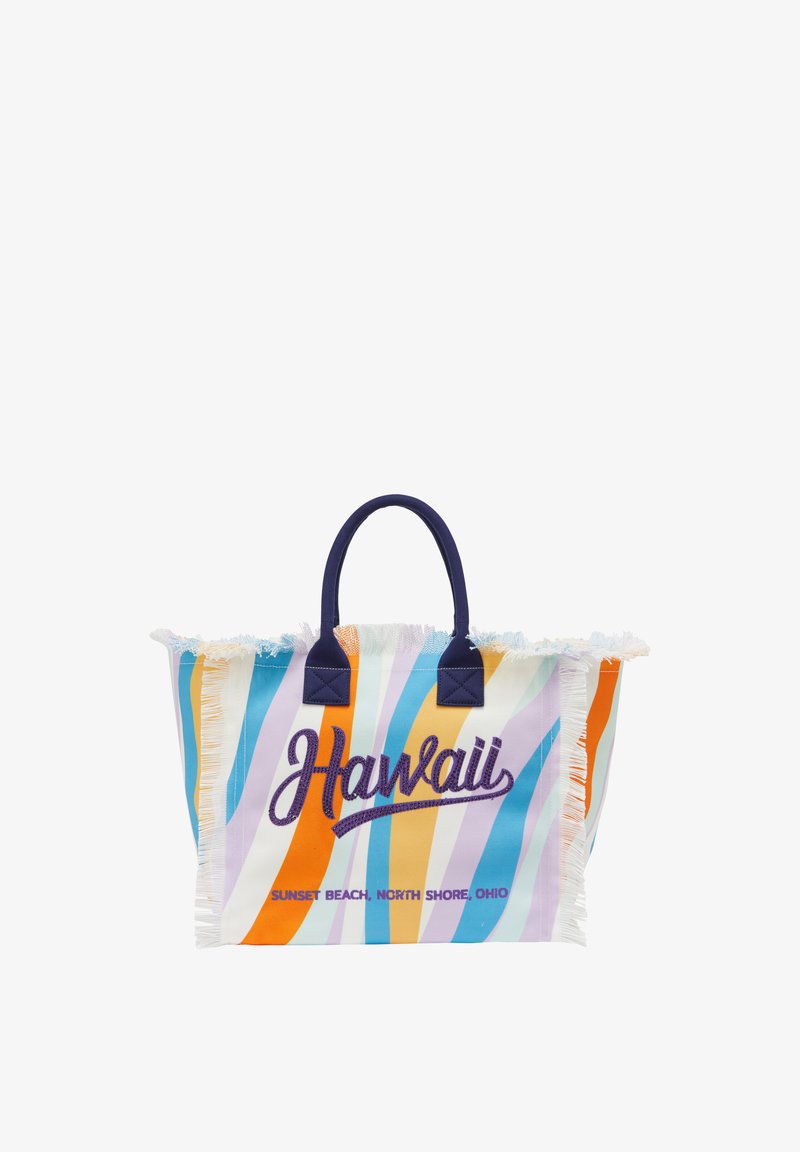 Több színű vászontáska kék és narancssárga csíkkal, rojtos tetejével és tengerészkék füllel; az "Hawaii" és a "Naplemente Beach, North Shore, Ohio" feliratokat tartalmazza.