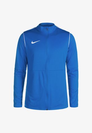 Blaue Nike-Jacke mit hohem Kragen, durchgehendem Reißverschluss, langen Ärmeln, weißen Akzenten an den Schultern und glattem, leichtem Material.