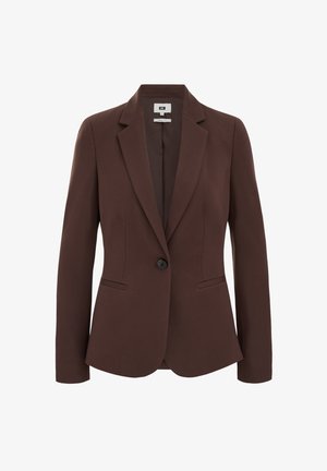 Barna zakó, sima anyagból készült, egysoros gombolással, hajlított gallérral és két oldalzsebbel, testhezálló szabással.