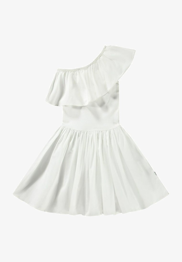 Valkoinen, yhdelle olkapäälle menevä mekko, jossa on röyhelökaulus, liehuva hame ja joustava vyötärö. Mekko on valmistettu kevyestä kankaasta, joka tuntuu sileältä.