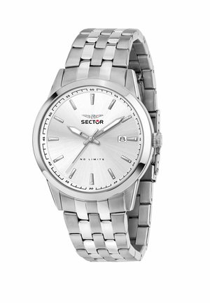 Orologio in acciaio inossidabile argentato con cassa rotonda, quadrante bianco testurizzato, indicatori delle ore argentati e display della data. Design a bracciale a maglie.