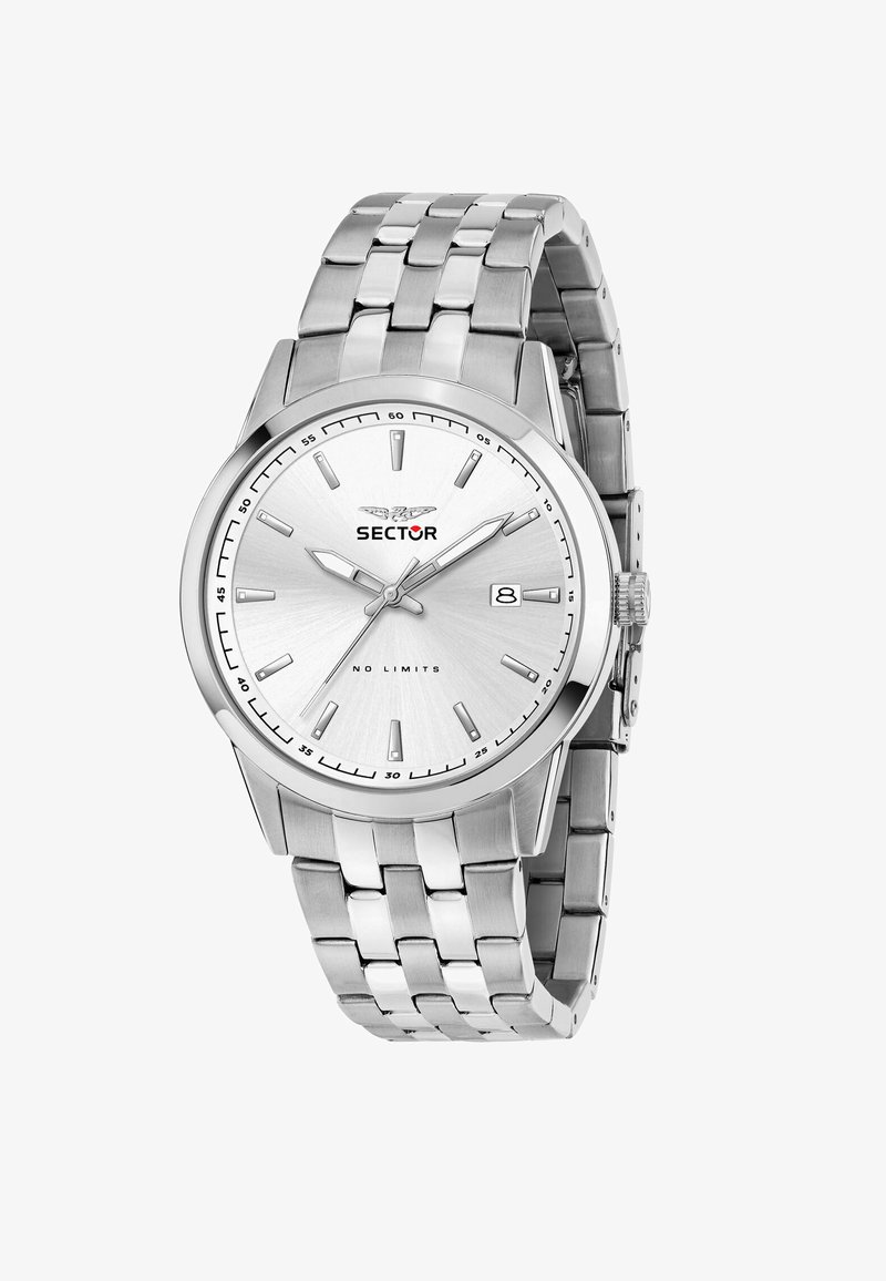 Orologio in acciaio inossidabile argentato con cassa rotonda, quadrante bianco testurizzato, indicatori delle ore argentati e display della data. Design a bracciale a maglie.