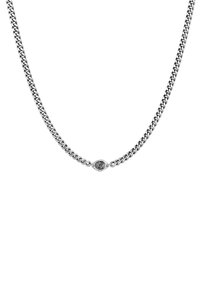 Silver chain necklace with oval links and a circular clasp featuring a notable design detail at the center. Smooth texture, polished finish.