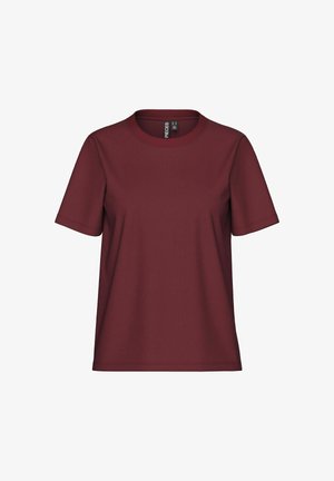 Burgundi trumpa rankovė t-shirt, pagaminta iš lygios medvilnės mišinio medžiagos. Su apvaliu kaklu ir laisvu siluetu. Nėra matomų raštų ar akcentų.