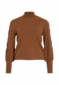 Pull en tricot marron avec un col montant, texture côtelée et manches ballons, présentant un motif subtil en losange le long des bras.
