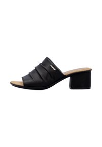 Black leather slide sandal with pleated design, open toe, and a chunky heel. Features a beige insole and subtle branding on the side.