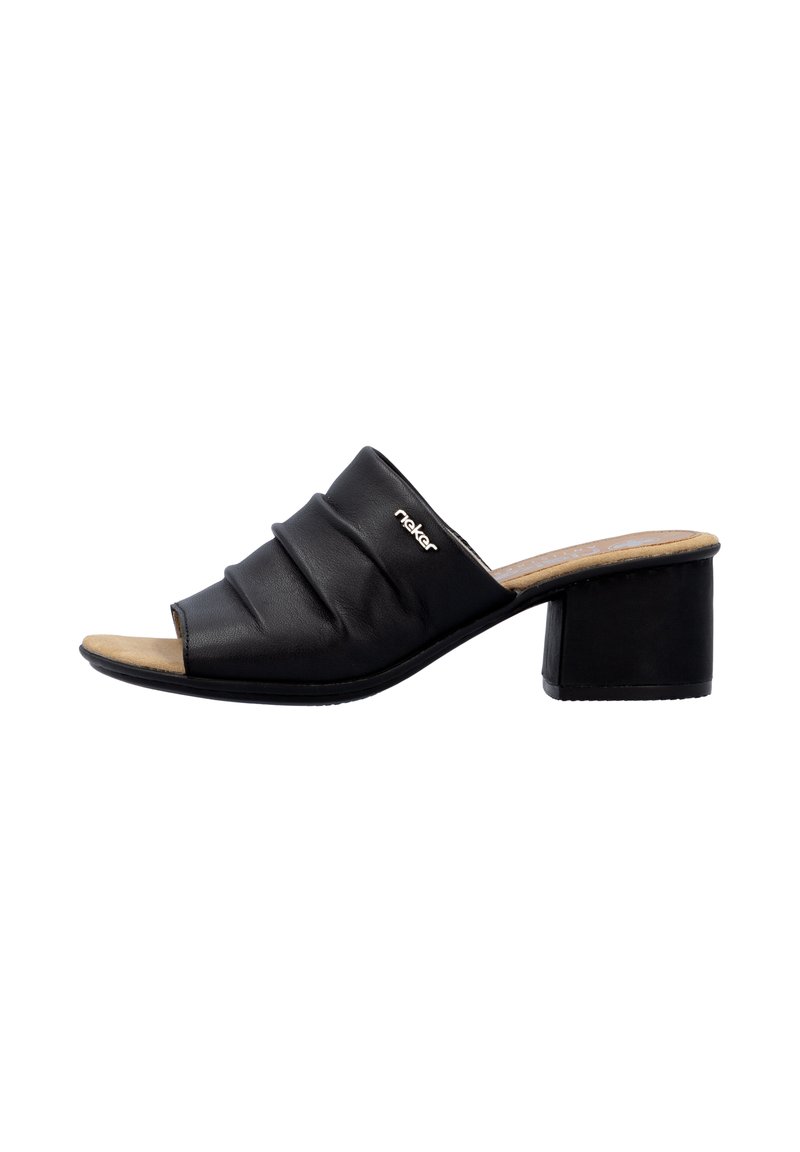 Black leather slide sandal with pleated design, open toe, and a chunky heel. Features a beige insole and subtle branding on the side.