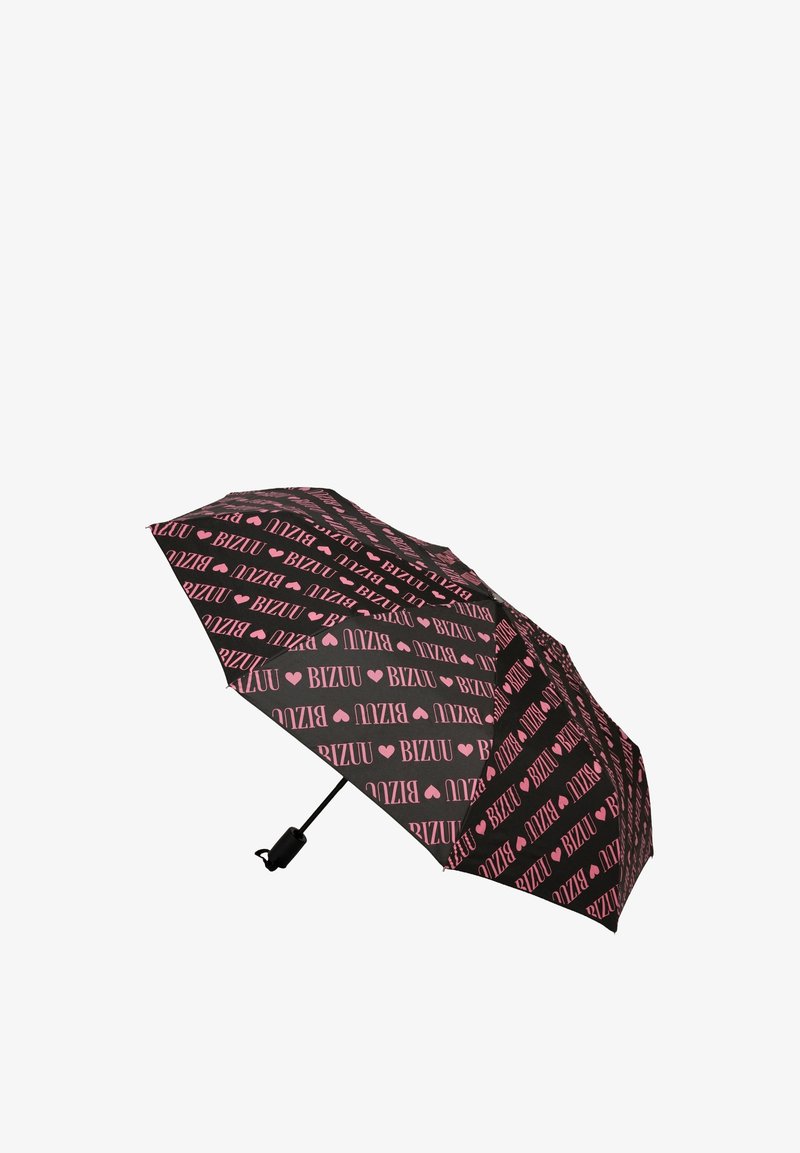 Zwarte paraplu met roze tekst die "BIZUU" en hartjes leest, met een compact ontwerp en een stevige zwarte handgreep.