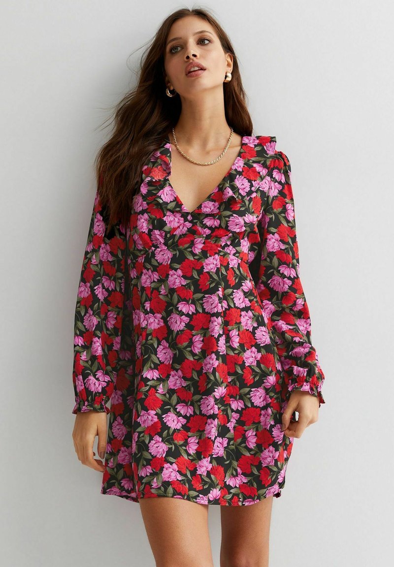 New Look FLORAL V NECK RUFFLE LONG SLEEVE Vestito estivo pink