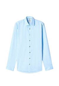 Hellblaues Langarmhemd aus glattem Stoff, mit spitzem Kragen, durchgehender Knopfleiste und rundem Saum mit Knopfakzenten.