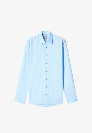 Light blue long-sleeve shirt made of smooth fabric, featuring a pointed collar, a button-down front, and round hem with button accents.